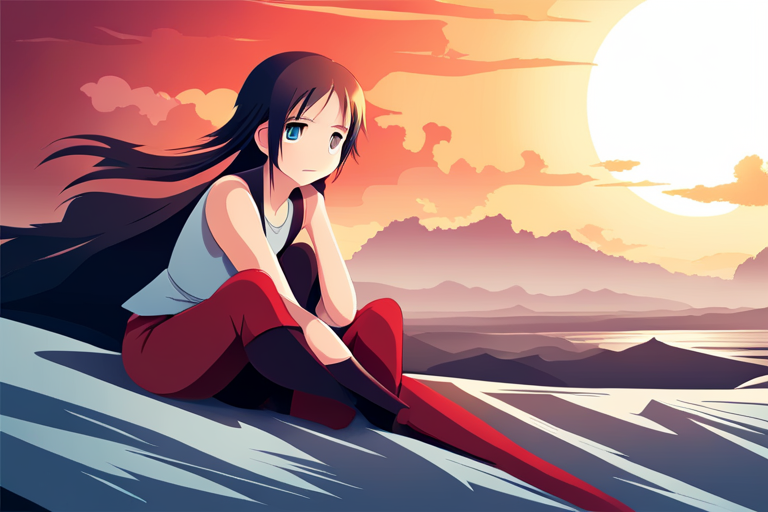 An AI generated image representing "An anime character stands atop a mountain, ready to face off against a monstrous foe. They crackle with electricity as they activate their superpowers. The sun is setting, and the sky is lit with a brilliant mix of oranges, yellows and reds. The scene is intense, with a stark contrast between the dark, brooding monster, and the anime character's determined expression."