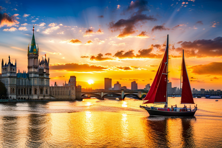 AI generated art representing ""A panoramic shot capturing the majestic London skyline with a calm River Thames in the foreground and a golden sunset illuminating Big Ben on a relaxing summer evening.""
