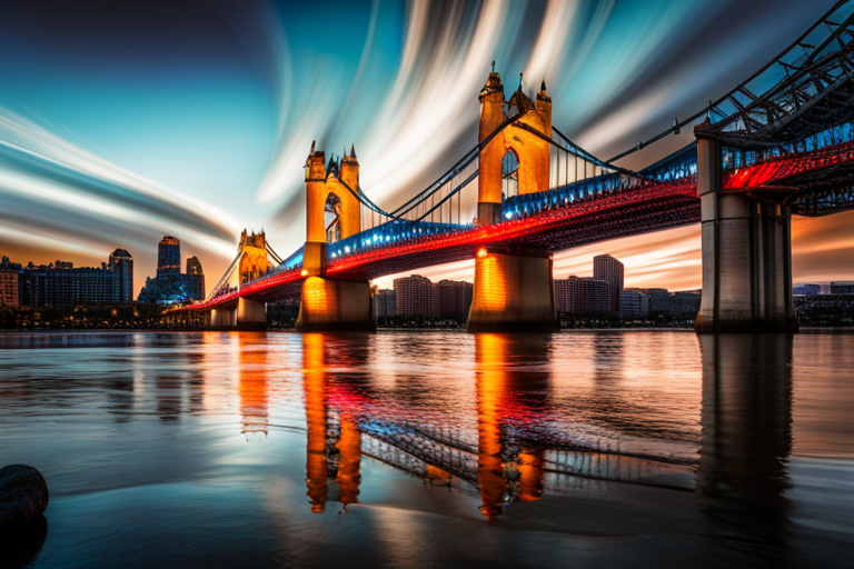 AI generated art representing ""A fiery sunset casts an orange glow on the London skyline, reflecting on the River Thames, while Big Ben chimes in the summer evening.""