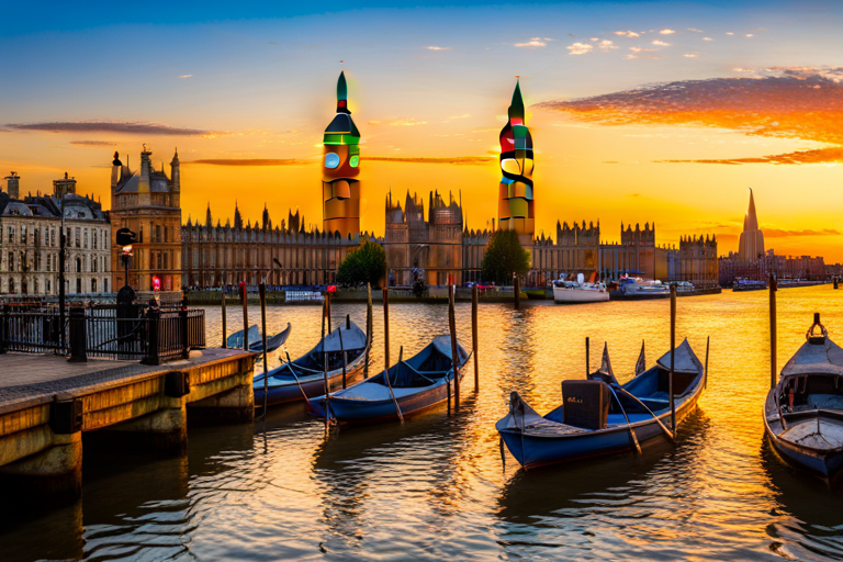 AI generated art representing ""A birds-eye view of the sparkling River Thames winding through the illuminated London skyline, capturing the iconic Big Ben at dusk on a summer evening.""