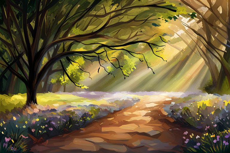 An AI generated image representing "Create a watercolor painting of a winding forest pathway, dappled with sunlight, featuring a variety of trees, ferns, and flowers, with a color palette of lush greens, earthy browns, and soft yellows."