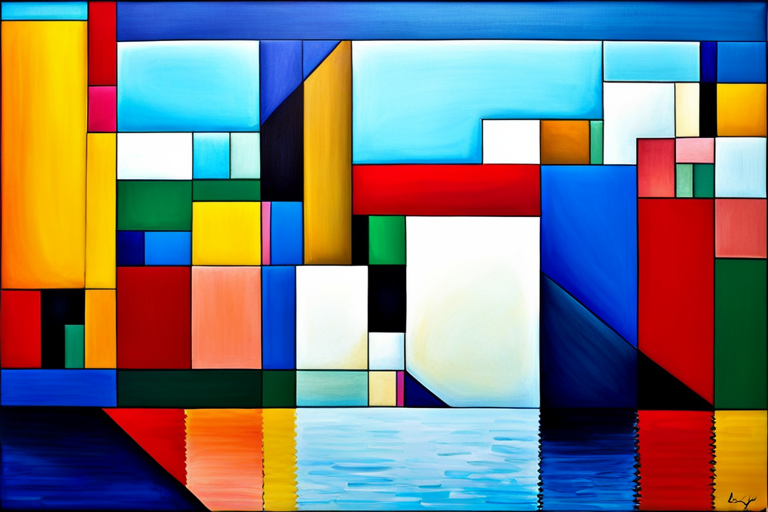 An AI generated image representing "Craft a piece featuring vivid, bold colors in geometric shapes with a dynamic arrangement, taking inspiration from the works of Piet Mondrian."