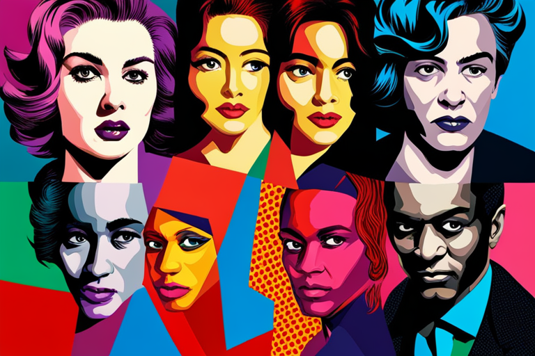 An AI generated image representing "Generate a series of pop art-inspired portraits featuring famous cultural icons, accentuated with bright colors and bold, graphic patterns, similar to the works of Andy Warhol."