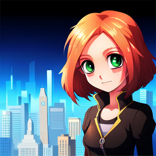 An AI generated image representing "Illustrate a character with big, bright eyes and vibrant hair, set against a dynamic, futuristic cityscape."