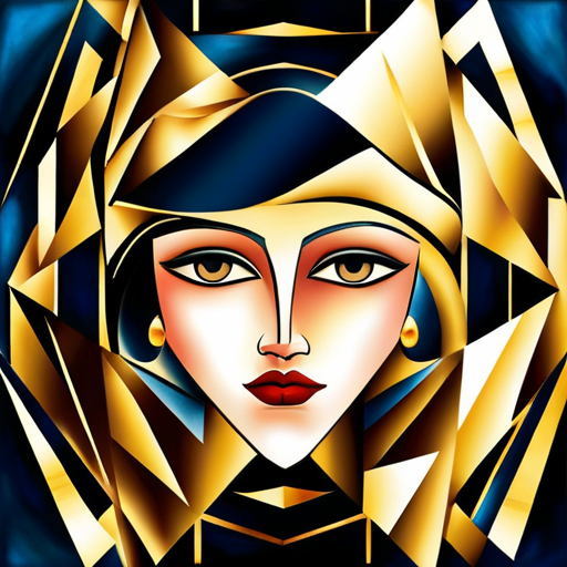 An AI generated image representing "An art deco style painting, using gold and black geometric shapes, with a stylized portrait of a woman in the center."