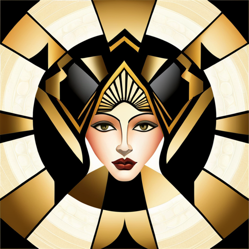 An AI generated image representing "An art deco style painting, using gold and black geometric shapes, with a stylized portrait of a woman in the center."