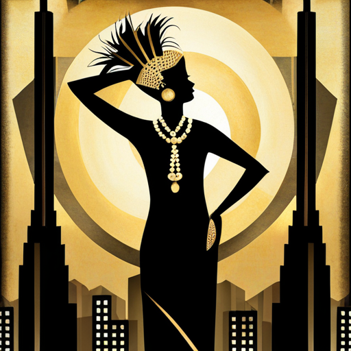 An AI generated image representing "An art deco style painting, using gold and black geometric shapes, new york city skyscraper silhouette, woman dressed in 1920s attire."