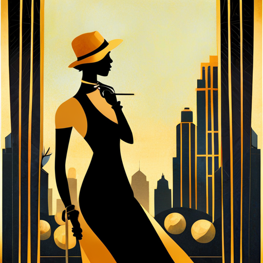 An AI generated image representing "An art deco style painting, using gold and black geometric shapes, new york city skyscraper silhouette, woman dressed in 1920s attire."