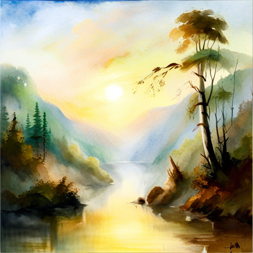 An AI generated image representing "Produce a tranquil watercolor painting depicting a dense, misty forest with towering trees, soft sunlight filtering through the foliage, and a delicate color palette of greens and blues, similar to J.M.W. Turner's "The Fighting Temeraire.""