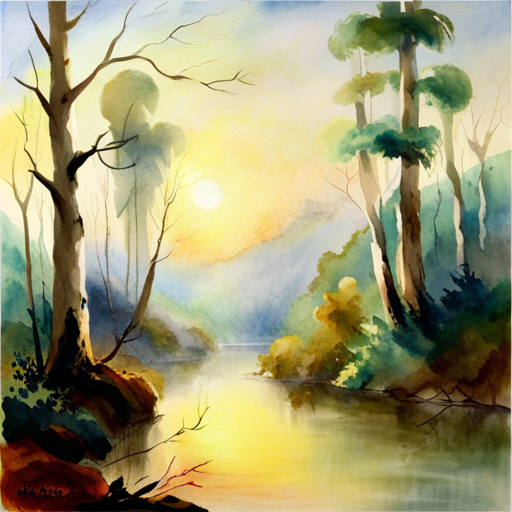 An AI generated image representing "Produce a tranquil watercolor painting depicting a dense, misty forest with towering trees, soft sunlight filtering through the foliage, and a delicate color palette of greens and blues, similar to J.M.W. Turner's "The Fighting Temeraire.""