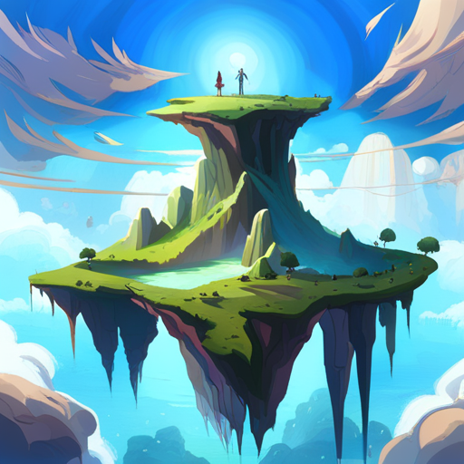 An AI generated image representing "floating islands in the sky, waterfalls, ethereal lighting, characters flying through the air."