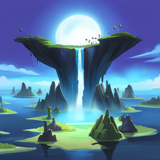 An AI generated image representing "floating islands in the sky, waterfalls, ethereal lighting, characters flying through the air."