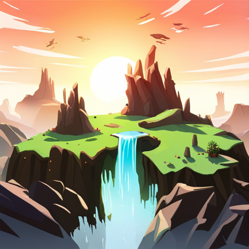 AI generated art representing "floating islands in the sky, waterfalls, ethereal lighting, characters flying through the air."