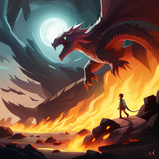 An AI generated image representing "david vs goliath scene, set in an ethereal world, with a fire breathing dragon flying in the background."