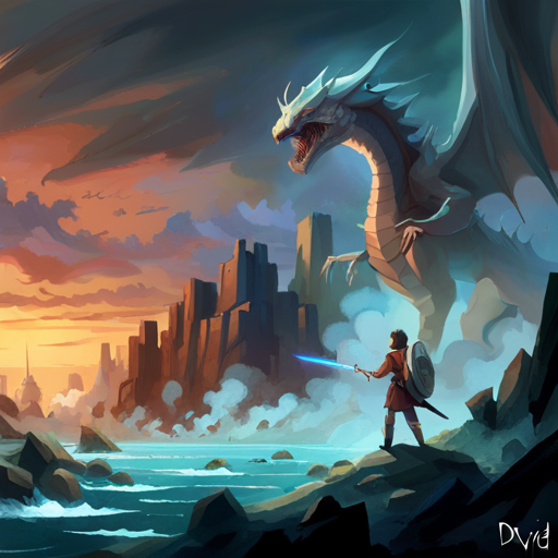 An AI generated image representing "david vs goliath scene, set in an ethereal world, with a fire breathing dragon flying in the background."