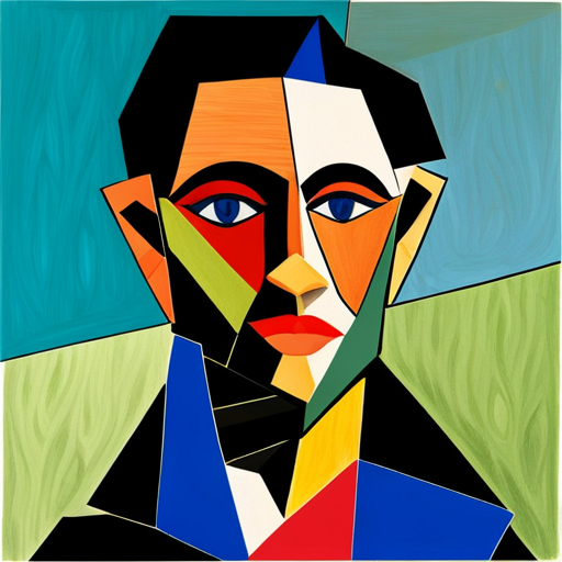 An AI generated image representing "Create a portrait of a person, using overlapping geometric shapes in varying shades of blue and green in style of picasso."