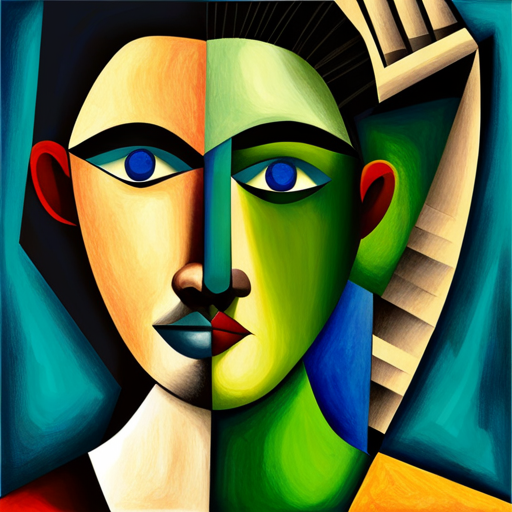 An AI generated image representing "Create a portrait of a person, using overlapping geometric shapes in varying shades of blue and green in style of picasso."