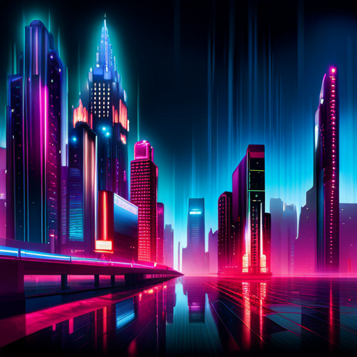 AI generated art representing "Design a cityscape with towering, neon-lit skyscrapers, set against a dark, rainy backdrop."