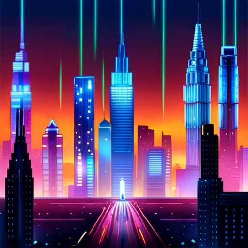AI generated art representing "Design a cityscape with towering, neon-lit skyscrapers, set against a dark, rainy backdrop."