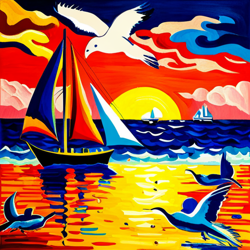 AI generated art representing "A ship sailing through the ocean, seagulls in the air, at golden hour, in the style of Matisse."