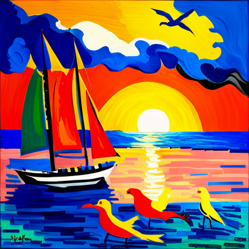 AI generated art representing "A ship sailing through the ocean, seagulls in the air, at golden hour, in the style of Matisse."