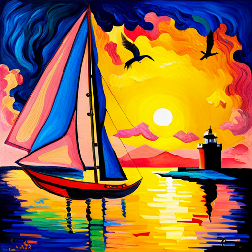 An AI generated image representing "A ship sailing through the ocean, seagulls in the air, at golden hour, in the style of Matisse., using subtle colours and oil painting."