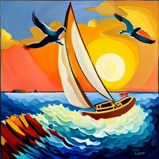 An AI generated image representing "A ship sailing through the ocean, seagulls in the air, at golden hour, in the style of Matisse, using soft, gentle, subtle colours and oil painting."