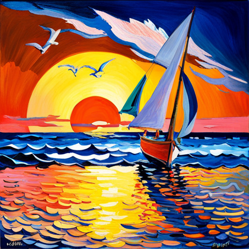 An AI generated image representing "A ship sailing through the ocean, seagulls in the air, at golden hour, in the style of Henri Matisse 'Luxe, Calme et Volupté', using soft, gentle, subtle colours and oil painting."