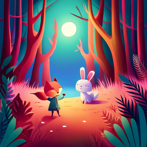 An AI generated image representing "A whimsical scene featuring playful animals, like a fox and a rabbit, exploring a magical forest."