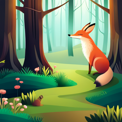 AI generated art representing "A whimsical scene featuring playful animals, like a fox and a rabbit, exploring a magical forest."