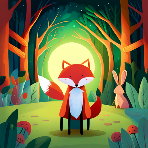 AI generated art representing "A whimsical scene featuring playful animals, a wise fox and a cute rabbit, exploring a magical forest."