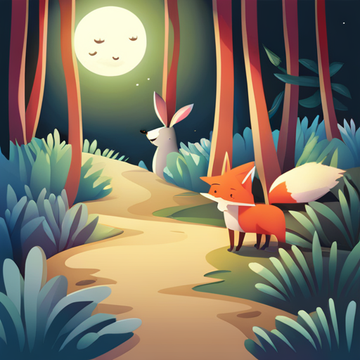 AI generated art representing "A whimsical scene featuring playful animals, a wise fox and a cute rabbit, exploring a magical forest."