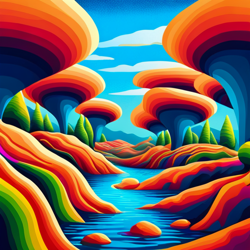 An AI generated image representing "A surreal landscape with bright, trippy colors and distorted perspectives, evoking a sense of otherworldliness."