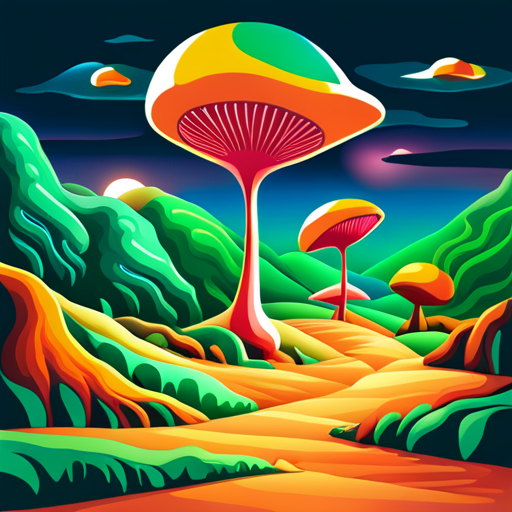 An AI generated image representing "A surreal landscape with bright, trippy colors and distorted perspectives, evoking a sense of otherworldliness, garden of eden, mushrooms."