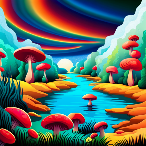 An AI generated image representing "A surreal landscape with bright, trippy colors and distorted perspectives, evoking a sense of otherworldliness, garden of eden, mushrooms."