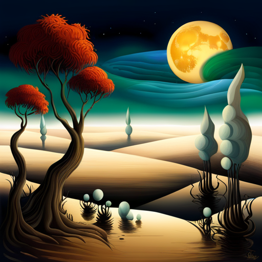 An AI generated image representing "A dream-like landscape, full moon, surreal elements, unicrons, floating objects, distorted perspectives, reminiscent of Salvador Dalí's paintings."