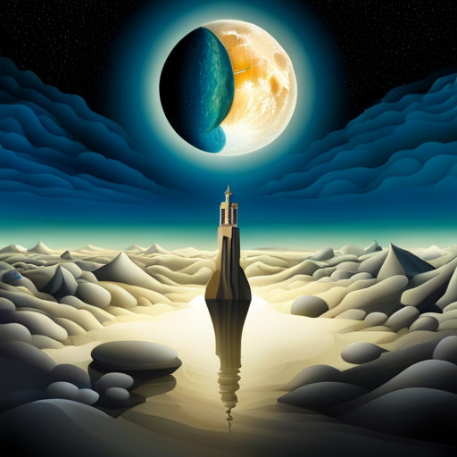 An AI generated image representing "A dream-like landscape, full moon, surreal elements, unicrons, floating objects, distorted perspectives, reminiscent of Salvador Dalí's paintings."