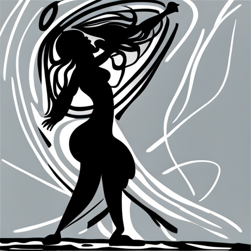 AI generated art representing "line art, pen and ink, female silhouette dancing freely alone, by picasso"