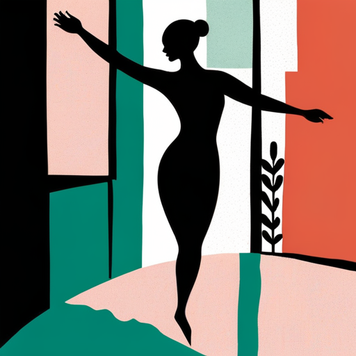 AI generated art representing "minimalist line art, pen and ink, female silhouette dancing freely alone, by matisse. "