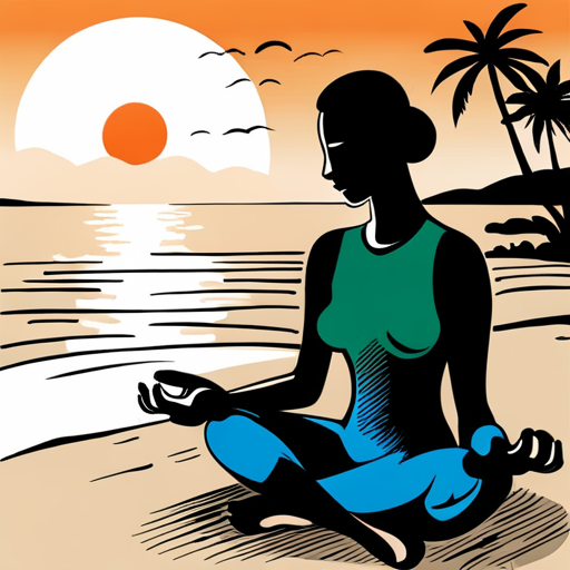 An AI generated image representing "Peaceful scene showing a silhouette of female meditating on the beach at sunrise, line art ink outlines, in style of henri matisse. "