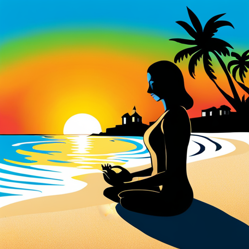 An AI generated image representing "Peaceful scene showing a silhouette of female meditating on the beach at sunrise, line art ink outlines, in style of henri matisse. "