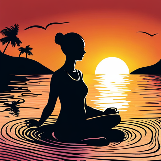 An AI generated image representing "Peaceful scene showing a silhouette of female meditating on the beach at golden hour, line art ink outlines, in style of henri matisse. "