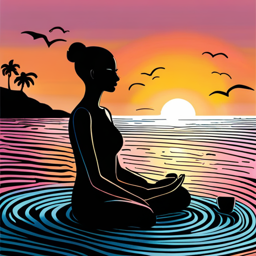 An AI generated image representing "Peaceful scene showing a silhouette of female meditating on the beach at golden hour, attracting the energy of the universe, line art ink outlines, in style of henri matisse. "