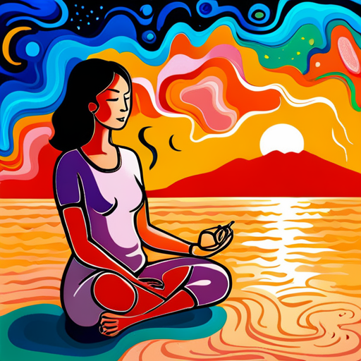 An AI generated image representing "Peaceful scene showing a silhouette of female meditating on the beach at golden hour, attracting the energy of the universe, line art ink outlines, in style of henri matisse. "