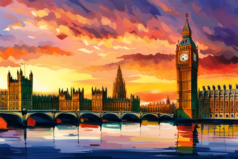 An AI generated image representing "A sunset at the Thames - a pastel-hued sky over the London Eye, with the cityscape aglow in the evening light and Spring flowers in bloom."