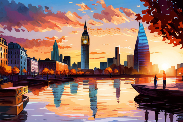 An AI generated image representing "A London landmark at dusk - the Shard soaring over the city, silhouetted against a London sunset ablaze in Spring tones, with the city at its feet."
