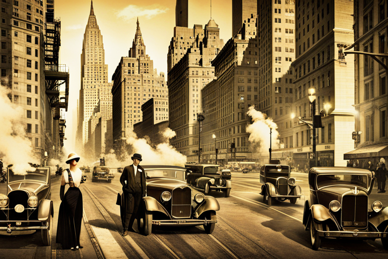 An AI generated image representing "1920s america, new york city, smoke in the air, people in the streets, classic feel."