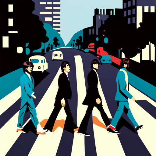 An AI generated image representing "the beatles crossing the road"