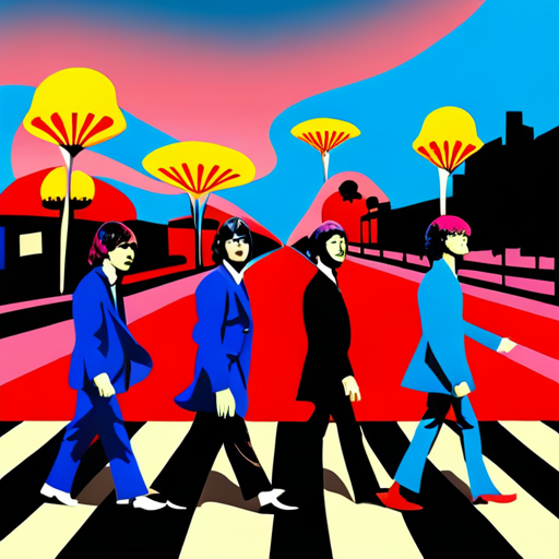An AI generated image representing "the beatles crossing the road, with magic mushrooms in the streets, and diamonds in the sky."