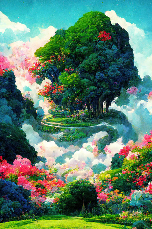 An AI generated image representing "A visualization of the classic biblical setting, the Garden of Eden, in the style of Studio Ghibli, created by digital artist Edward Creates (@edwardcreates)."